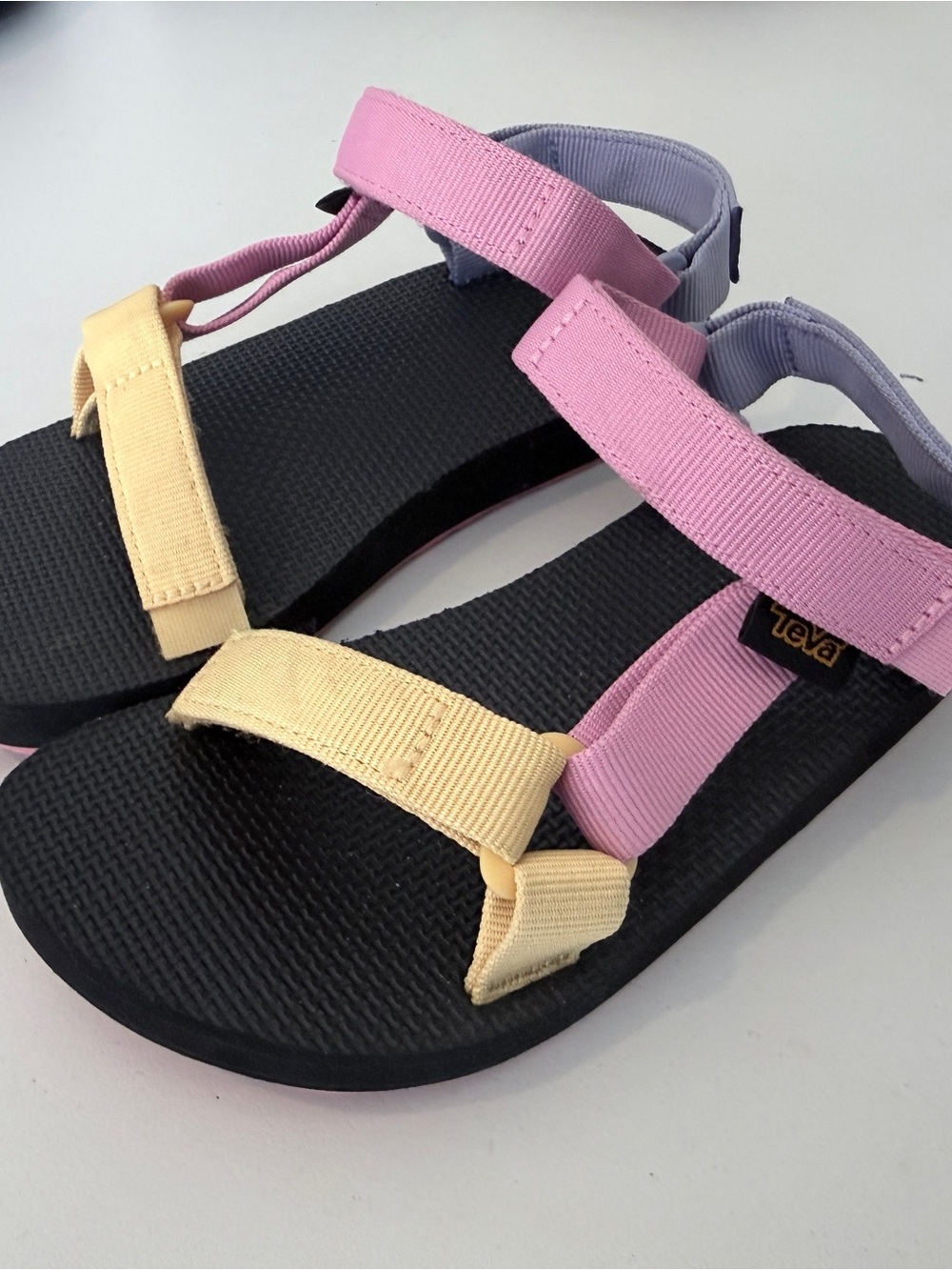 Teva Black Sandals with Pink and Pale Yellow Straps